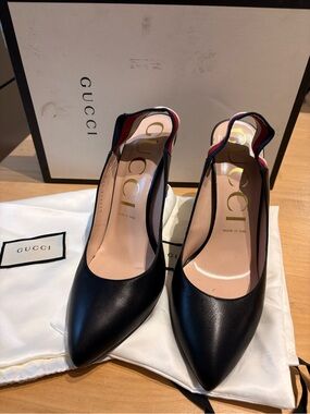 Gucci Black Leather Pointed Slingback Pumps with Red & Blue Webbing